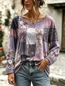 Breezaya 大尺碼女款拼接花卉印花圓領長袖休閒T恤 秋季 - 彩色 - 查看 3