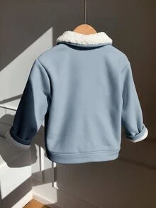 SHEIN 兒童小男孩保暖內裡厚磅燈芯絨翻領夾克，保暖外套，冬季外套，夾克，羊毛，厚實，幼兒冬季衣物 - 霧霾藍 - 查看 2