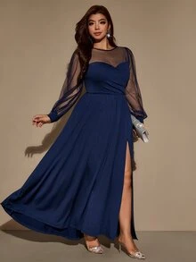 Velvienne Plus Size Women's Fall/ New Solid Color Mesh Patchwork Side Slit Dress, Party Cocktail Gathering Wedding Formal Dress Navy Blue Elegant - Navy Blue - View 6