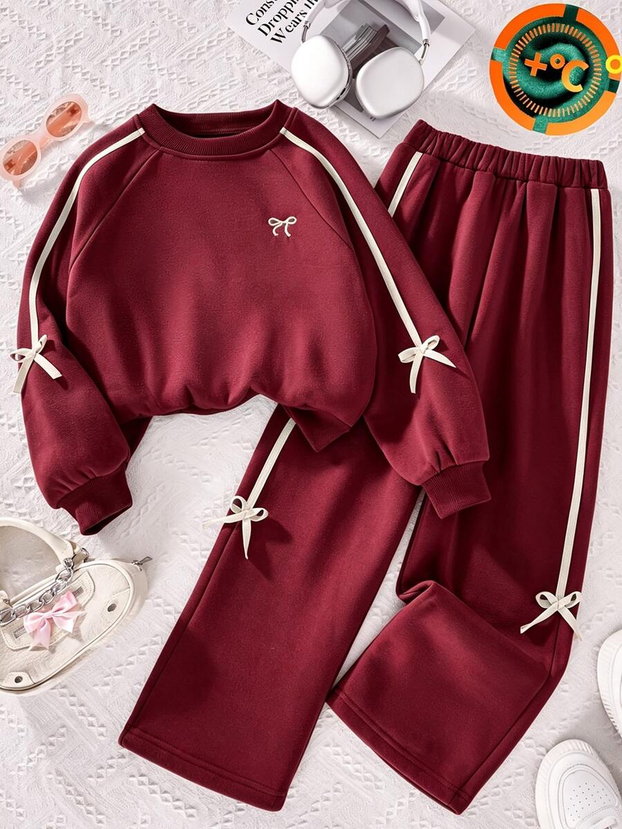 SHEIN 青少年女孩抓絨秋季套裝 2件/組圓領運動衫套裝,綠色與粉色,秋季,可愛,校園,假期穿搭 - 酒紅色 - 查看 1