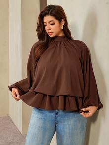 Auralis Coffee Brown Raglan Long Sleeve Plus Size Loose Waist Elastic Ruffle Hem Pullover Blouse Casual Top Elegant Office Formal Business Work Women Autumn - Brown - View 3