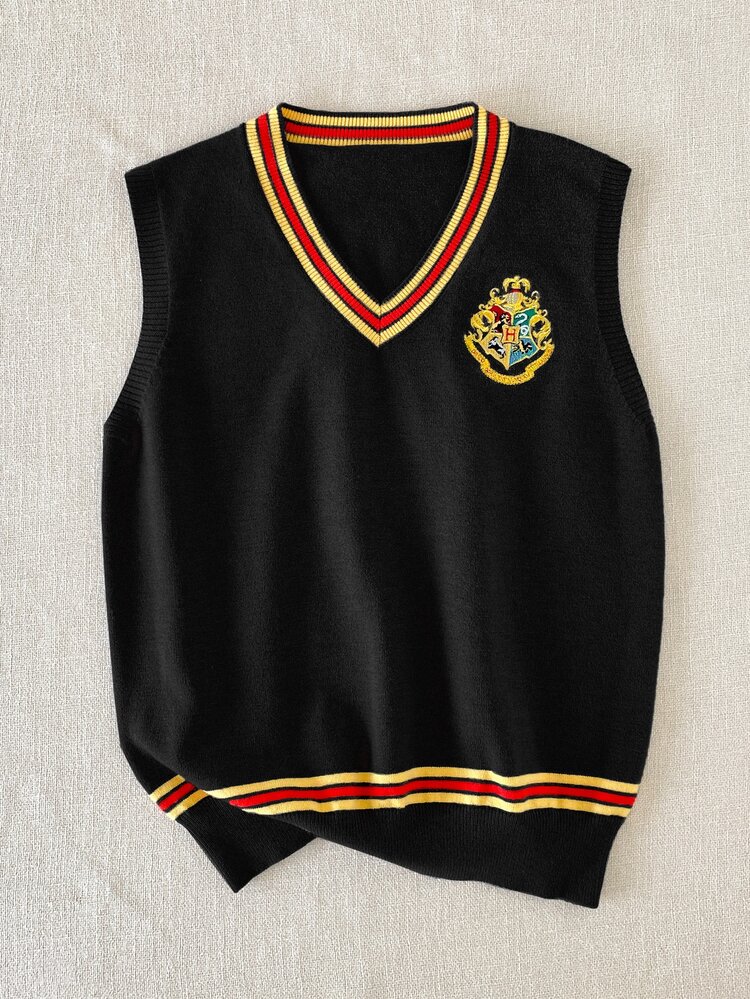 PrepCrw HARRY POTTER X SHEIN Kids Tween Boy V-Neck Contrast Color College Embroidered Contrast Knit Vest AutumnHalloween , Harry PotterKnitted Shirt Autumn Winter 2026 - Black - View 4
