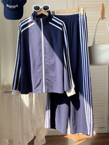 Comfortcana 女款側條紋拉鍊門襟夾克與長褲休閒兩件套 - 藏蓝色 - 查看 6
