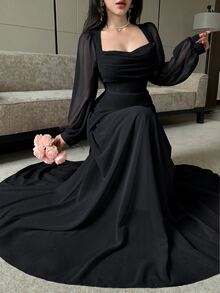 Modelyn 披肩領泡泡長袖收腰不對稱百褶雪紡大裙擺洋裝，婚禮新娘單身派對適用，淡粉色，秋季浪漫優雅 - 黑色 - 查看 6