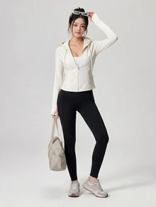 DAZY Women's Solid Color Casual Daily Wear Hooded Sports Jacket - White - View 5