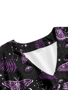 ROMWE Goth 深色嬉皮風蝴蝶刺繡太陽月亮星星暗黑龐克辣妹哥德神秘感V領大尺碼洋裝 - 黑色 - 查看 5