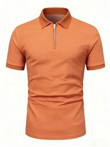 Manfinity Homme 男士純色短袖拉鍊設計休閒 Polo 衫 - 珊瑚橙 - 查看 4