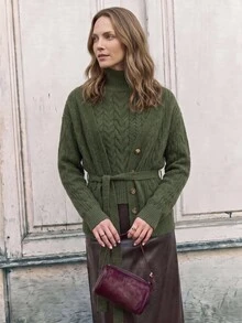 Dayvera Women's Autumn/Winter Casual Daily Commute Cable Knit Belted Button-Front Cardigan And High Neck Sleeveless Knit Top Set - Army Green - View 1