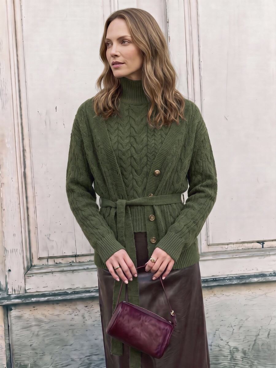 Dayvera Women's Autumn/Winter Casual Daily Commute Cable Knit Belted Button-Front Cardigan And High Neck Sleeveless Knit Top Set - Army Green - View 1