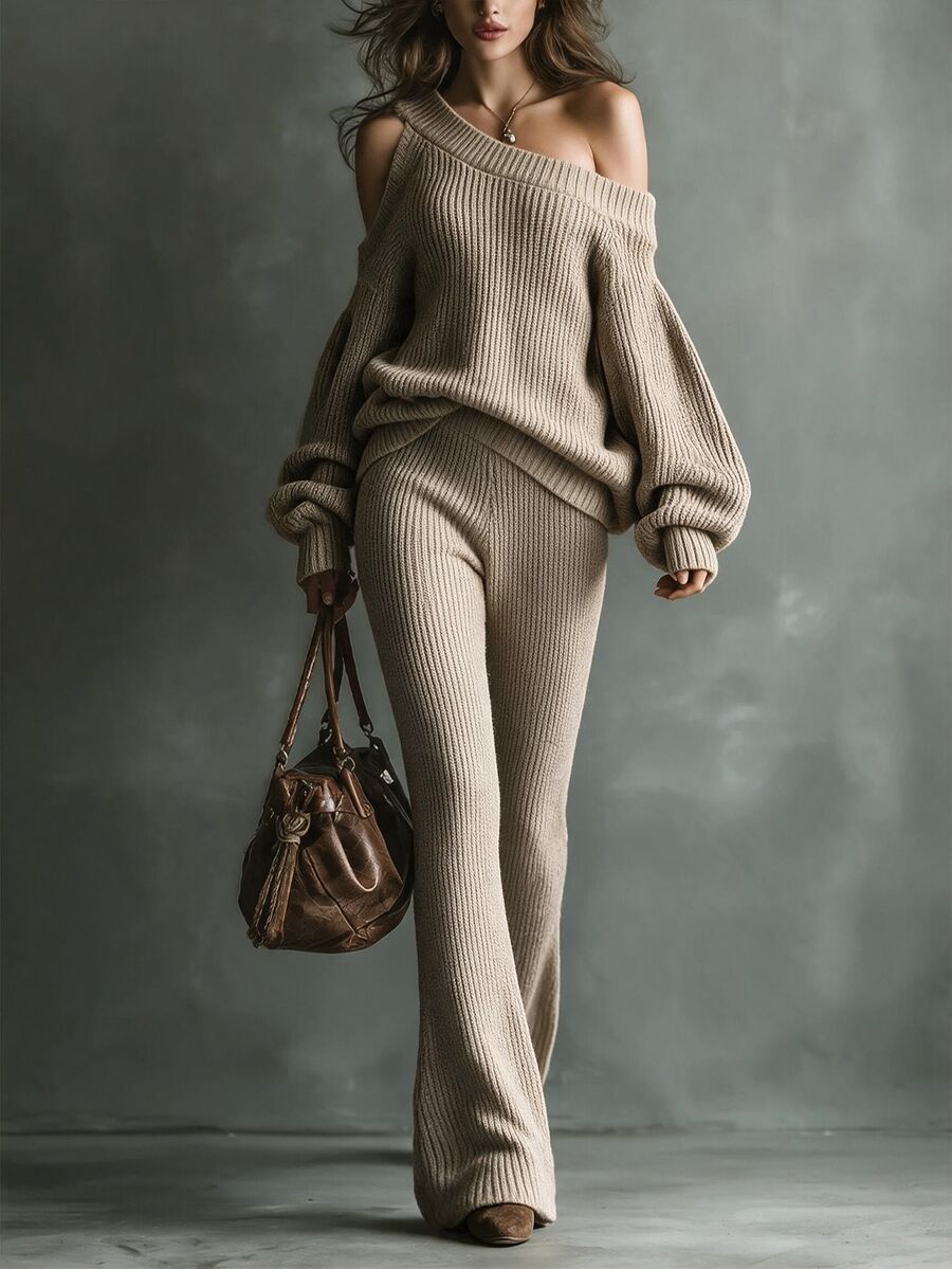 Breezaya Elegant Cold Shoulder Long Sleeve Sweater & Flare Pants 2 Pieces Set For Women - Khaki - View 1