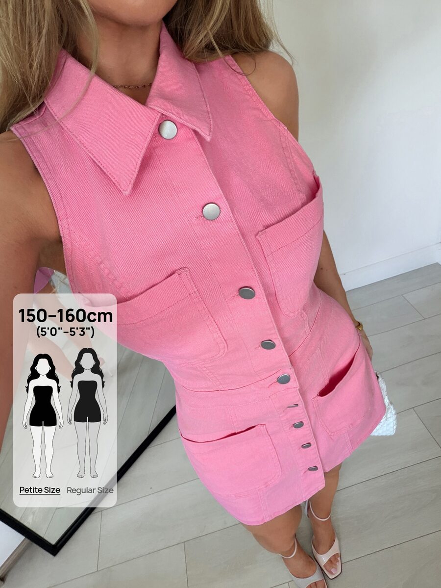 SHEIN PETITE Women's All-Season Multi-Pocket Stretch Slim Fit Button Decor Pink Petite Denim Dress - Pink - View 1