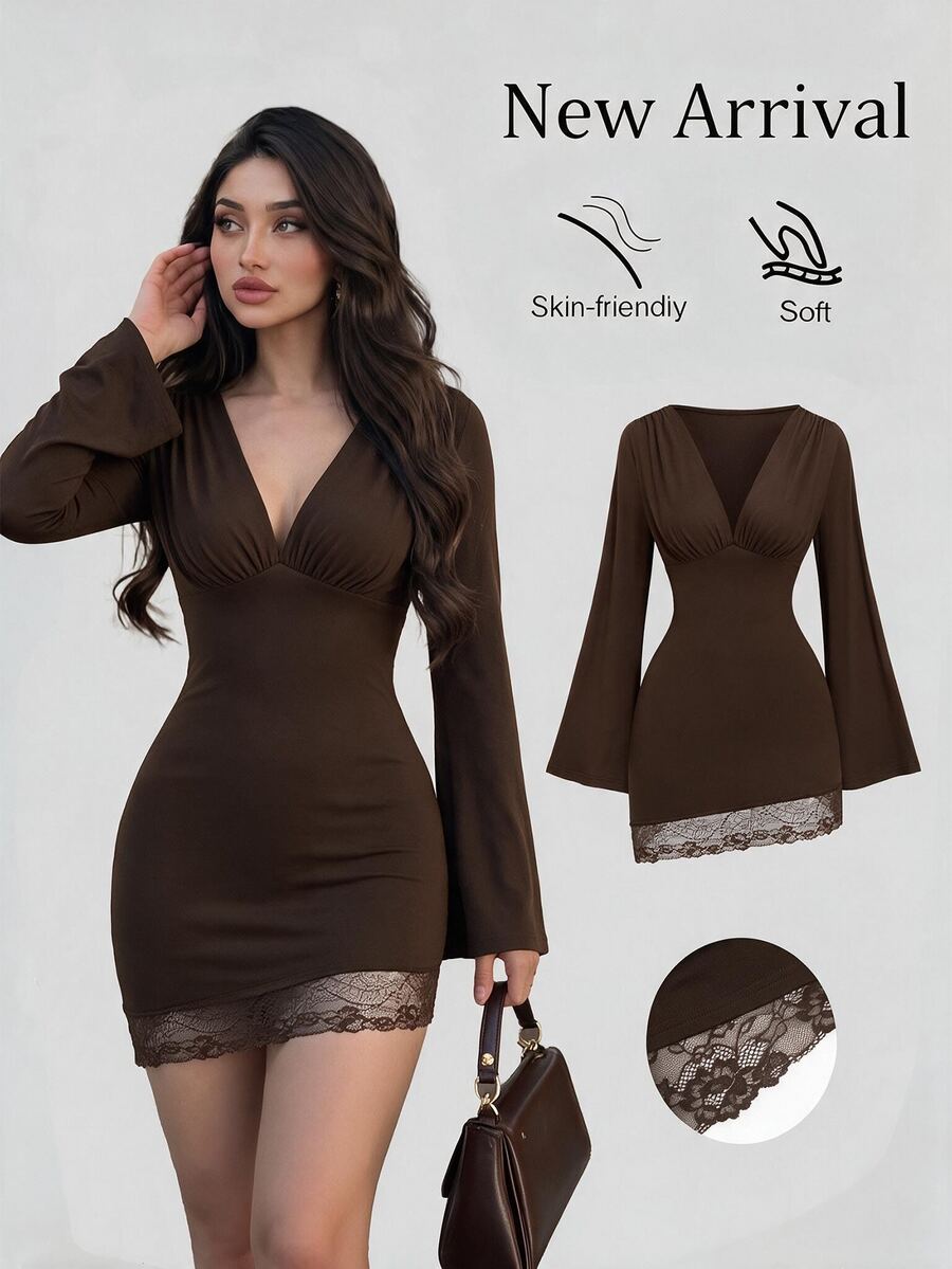 Sweetra Women's Lace Patchwork V-Neck Casual Everyday Summer Dress