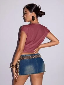 SHEIN ICON 女款深V領打結女神風白色襯衫，夏季上衣，適合夜店、度假、性感穿搭 - 酒紅色 - 查看 2