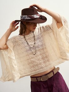 Bohemela Women's Solid Color Hollow Design Loose Fashion Cape Sweater - Apricot - View 5