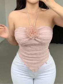 Dazy Plus Plus Size Women's 3D Floral Decor Fashion Versatile Halter Top - Baby Pink - View 4