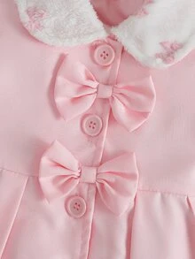 SHEIN 幼女可愛甜美粉色毛絨領結前襟百褶長袖翻領厚絨內裡冬季公主保暖夾克外套 - 粉色 - 查看 5