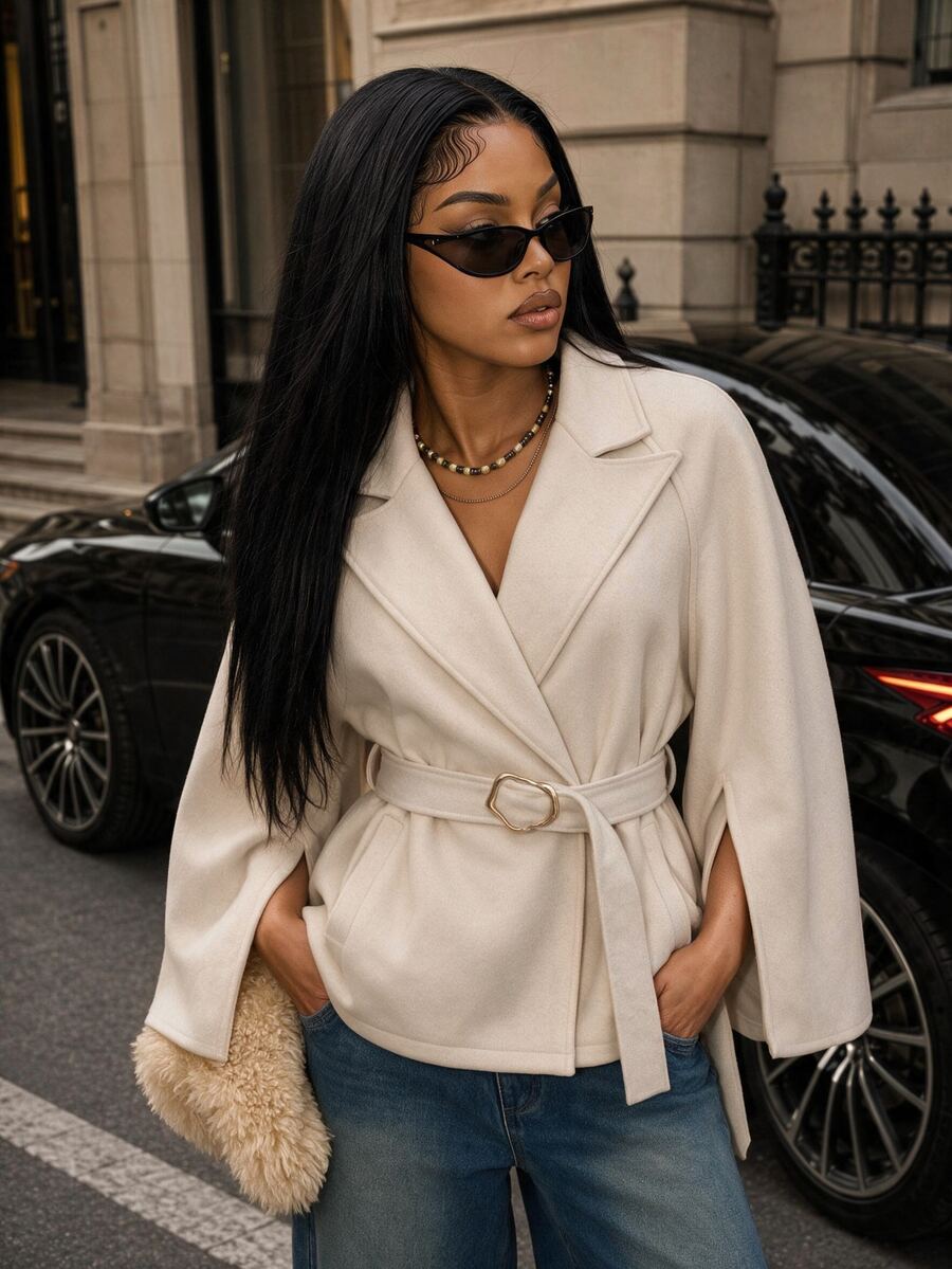 BamGleam Women's Flare Sleeve Overcoat With Metal Hardware Decoration And Belt Office Beige Fall French Elegant