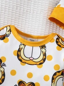 GARFIELD | SHEIN [Coffee Cat]1件+帽子 時尚趣味卡通咖啡貓圖案拼色圓領長袖連身衣，附可愛卡通咖啡貓圖案帽子，柔軟舒適 2件居家服套裝 - 黃色 - 查看 5