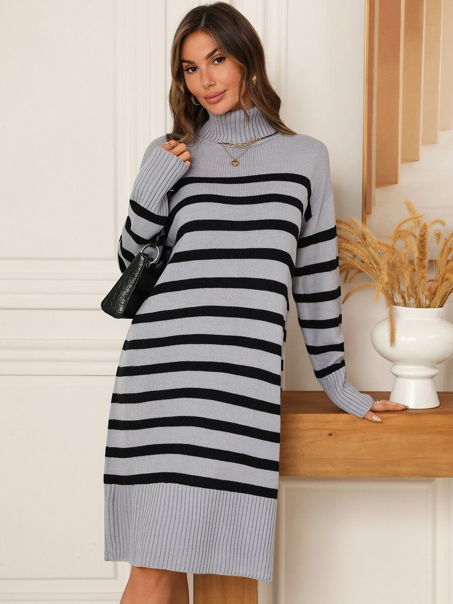 EMERY ROSE Women's Autumn/Winter Color Block Striped Pattern High Neck Drop Shoulder Loose Knit Sweater Dress - Multicolor - View 1