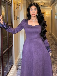 Feyla Chic Women's Violet Tone Midi Dress With Intricate Embroidered Cuff Details Perfect For Special Occasions - Purple - View 1