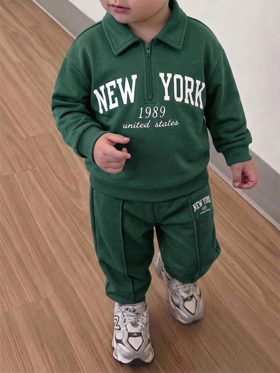 Genkimix Kids Boys' Spring/Autumn Solid Green Minimalist Casual Fit Turn-Down Collar Half-Button Long Sleeve Pullover Top And Matching Pants Set, Suitable For Outings And Daily Wear - Green - View 1
