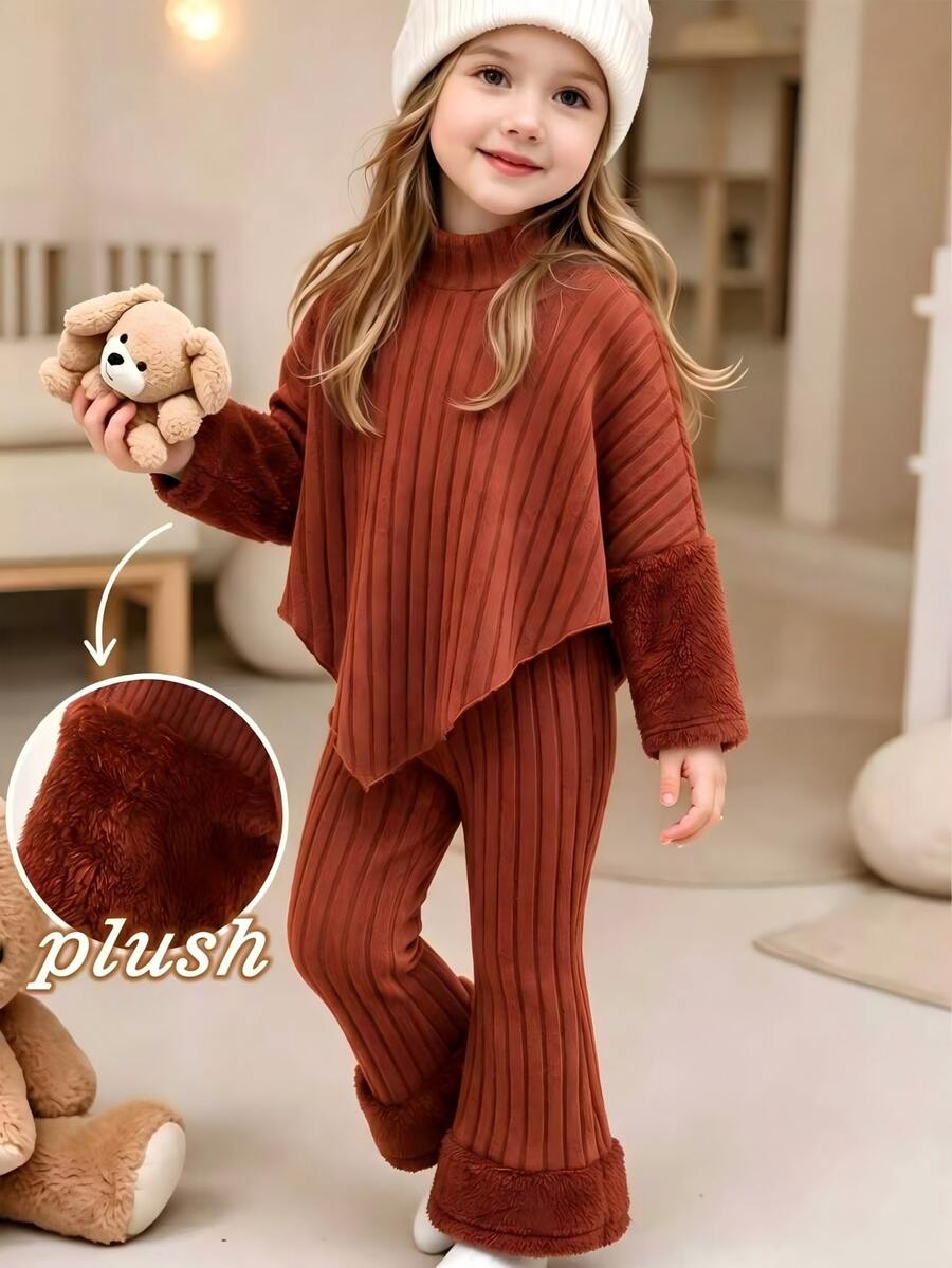SHEIN Elladie kids Young Girl Young Girl) 紅色羅紋高領 2 件套 2pcs Set 高領長袖不對稱上衣,配紅色人造毛袖口;配套羅紋 - 棕色 - 查看 1