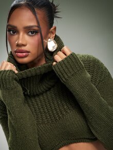 Denimoi Cropped Long Sleeves Fashion Turtleneck Sweater - Army Green - View 6