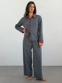 DAZY Women's Plaid Single-Breasted Long Sleeve Top And Pants Pajama Set - Blue - View 4