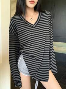 DAZY 女款中長版休閒寬鬆條紋拼色拼接長袖街頭風學院風T恤，秋季 - 黑色 - 查看 4