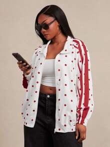 SHEIN SXY Plus Size Women's Polka Dot Casual Everyday Long Sleeve Jacket Fall - Red and White - View 6