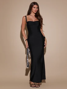 SHEIN BAE Spring/Autumn Black Satin Spaghetti Strap Long Dress, Ruched Chest, Side Tie Hollow Out, Slim Fit Bodycon Evening Gown, Suitable For Party, Date, Nightclub - Black - View 4