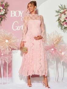 Loomaby 孕婦圓領喇叭袖拼接荷葉邊優雅蕾絲洋裝 性別揭曉禮服 孕婦洋裝 嬰兒派對洋裝 秋季 - 粉色 - 查看 3