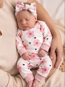 SHEIN Newborn Baby Cartoon Print Top And Pants Loungewear Set - Pink - View 1
