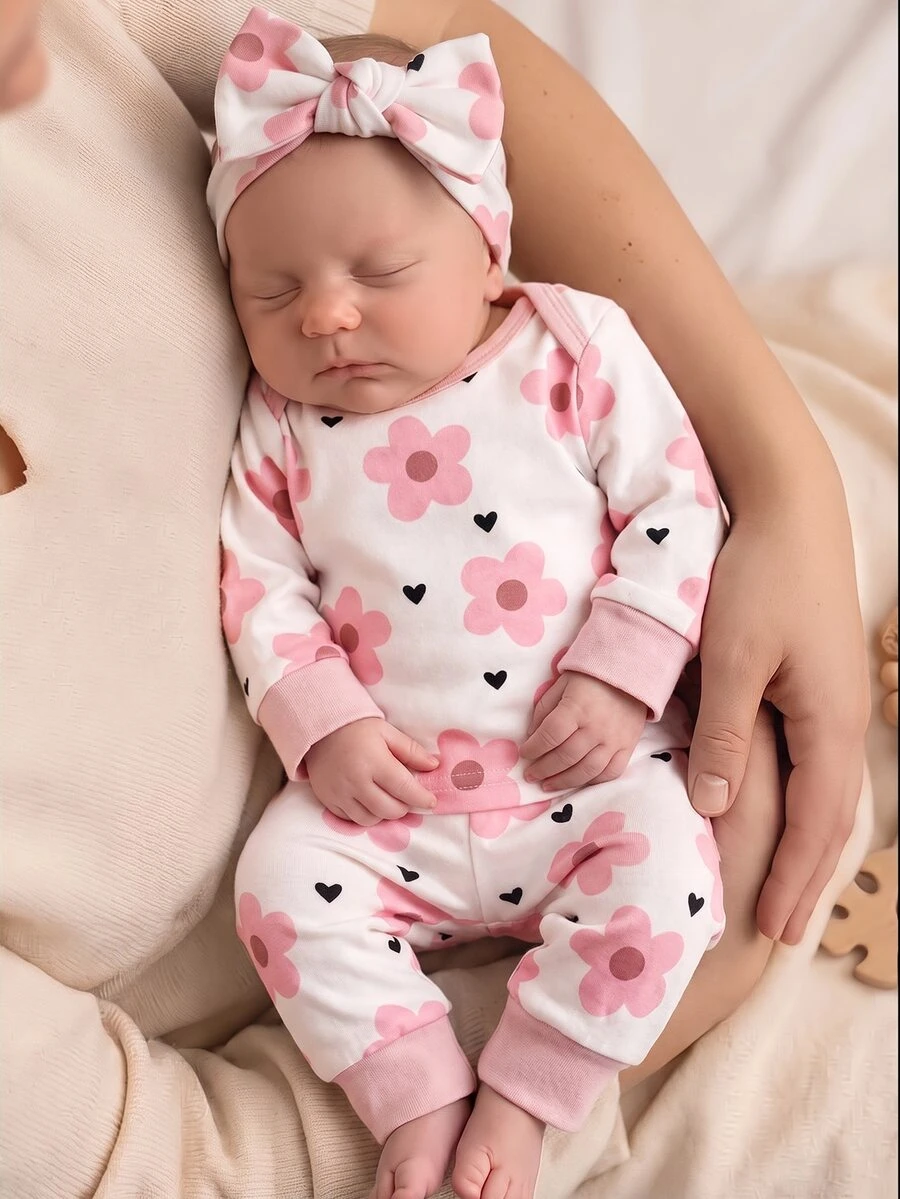 SHEIN Newborn Baby Cartoon Print Top And Pants Loungewear Set - Pink - View 1