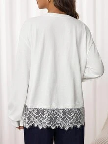 Slowluna Maternity Solid Color Round Neck Dropped Shoulder Long Sleeve Lace Hem Casual T-Shirt - White - View 6