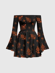 ROMWE Dark Gothic Squid Mysterious Asymmetrical Hem Off-Shoulder Sexy Vintage Women's Dress - Black - View 1