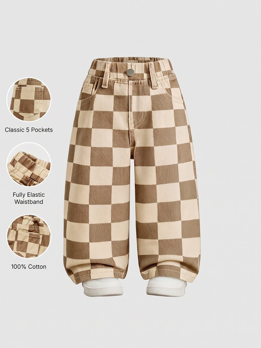 Elladie kids Denimly 女嬰簡約休閒戶外學院風百搭丹寧彈性腰格紋水洗牛仔長褲 - 棕色 - 查看 1