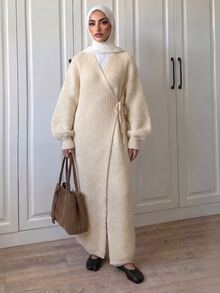 Omancia Cardigan Sweater Wanita Vintage dengan Tali Pengikat dan Warna Polos - Aprikot - View 5