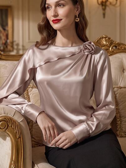 Suri Mira Women Elegant Daily Champagne Satin Blouse Top With Asymmetrical Details 3D Flower Long Sleeve Fall Winter Formal Business Going Out Date Night