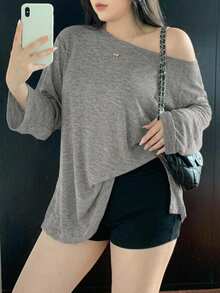 Dazy Plus Plus Size Women's Solid Color Korean Style Asymmetrical Cold Shoulder Slit Plus Size Loose T-Shirt Homewear Evening Grey Casual Cargo - Grey - View 6