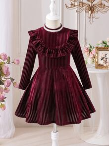 SHEIN Đầm len dệt màu trơn cổ đứng gấu bèo đính hạt phong cách thường ngày cho bé gái - Nhiều màu - Xem 1