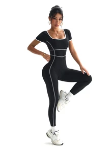 SHEIN Dewbera Women's Square Neck Short Sleeve Piped Trim Daily Fitness Sports Jumpsuit - Black and White - View 7