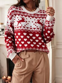 EMERY ROSE Women's All-Over Print Casual Versatile Daily Long Sleeve Sweater - Red - View 6