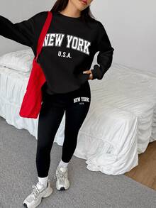 SHEIN EZwear 2件組紐約印花寬鬆圓領運動衫與緊身長褲，秋冬款 - 黑色 - 查看 6
