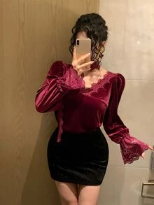 DAZY Women's Loose Blouse With Eyelash Lace Trim, Ribbon And Bell Sleeves - Burgundy - View 4