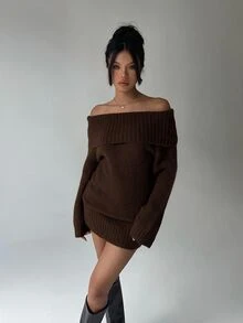 Aloruh 女款淺灰色露肩高領長袖迷你針織洋裝，上鬆下緊，冬季時尚性感約會外穿秋季上衣 - 咖啡棕 - 查看 3