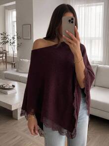 Aloruh Women's Autumn/Winter Loose Asymmetrical Shoulder Lace Patchwork Sweater - Burgundy - View 5