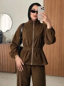 Solavon Women's Solid Color Long Sleeve Zip-Up Jacket And Pants Casual 2 Pieces Set - Brown - View 6