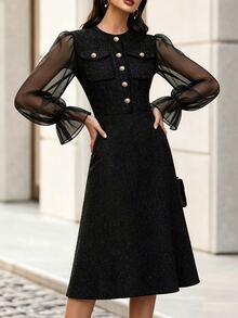 SHEIN Women's Mesh Patchwork Casual Party Long Dress - Black - View 4