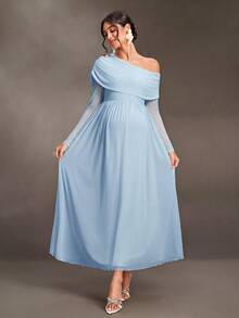 SHEIN فستان حمل وردي مع ديكور معدني، كتف غير متماثل مطوي، فستان رسمي أنيق لضيفة الزفاف في فصل الخريف - أزرق فاتح اللون - مشاهدة 1
